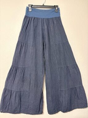 MILIO-MILANO Dark Blue Linen Palazzo Tiered Beachy Pants Knit Elastic Waist S